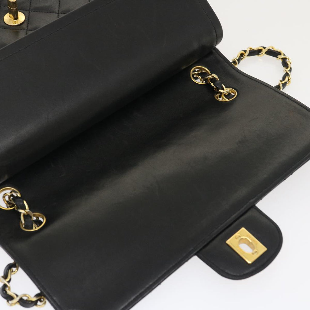 CHANEL Matelasse25 Chain Double Flap Shoulder Bag Lamb Skin Black CC Auth lt425A