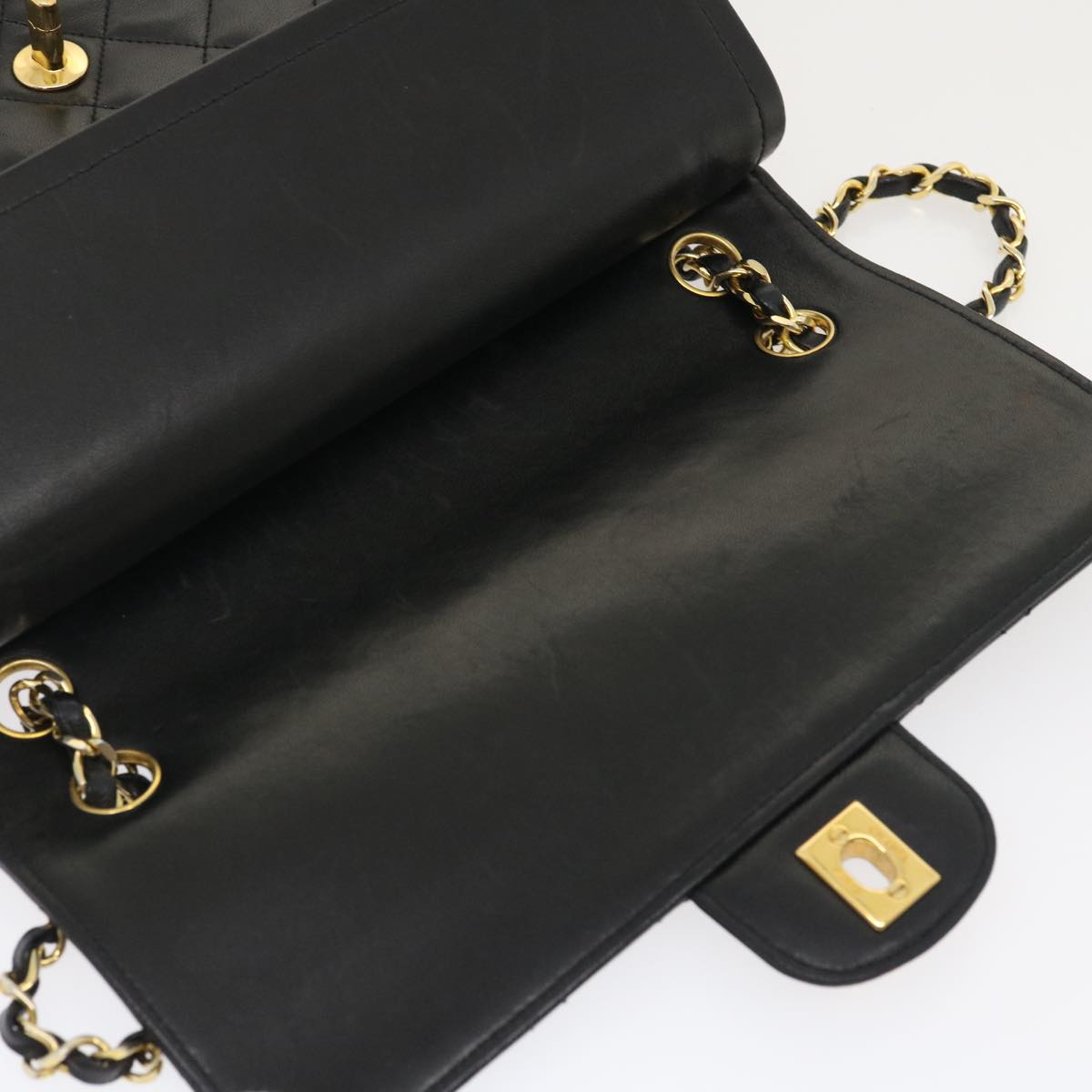 CHANEL Matelasse25 Chain Double Flap Shoulder Bag Lamb Skin Black CC Auth lt425A