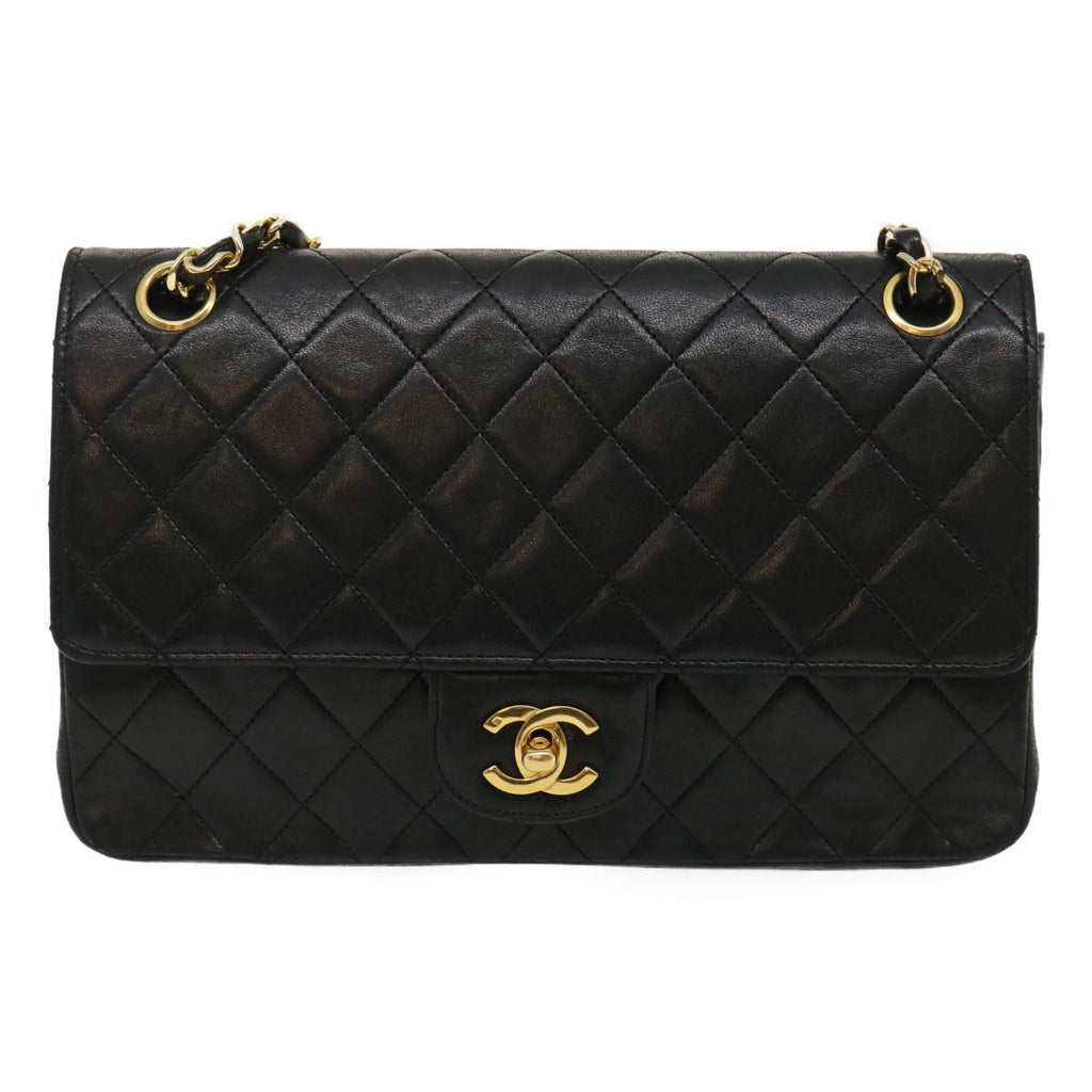 CHANEL Matelasse25 Chain Double Flap Shoulder Bag Lamb Skin Black CC Auth lt425A
