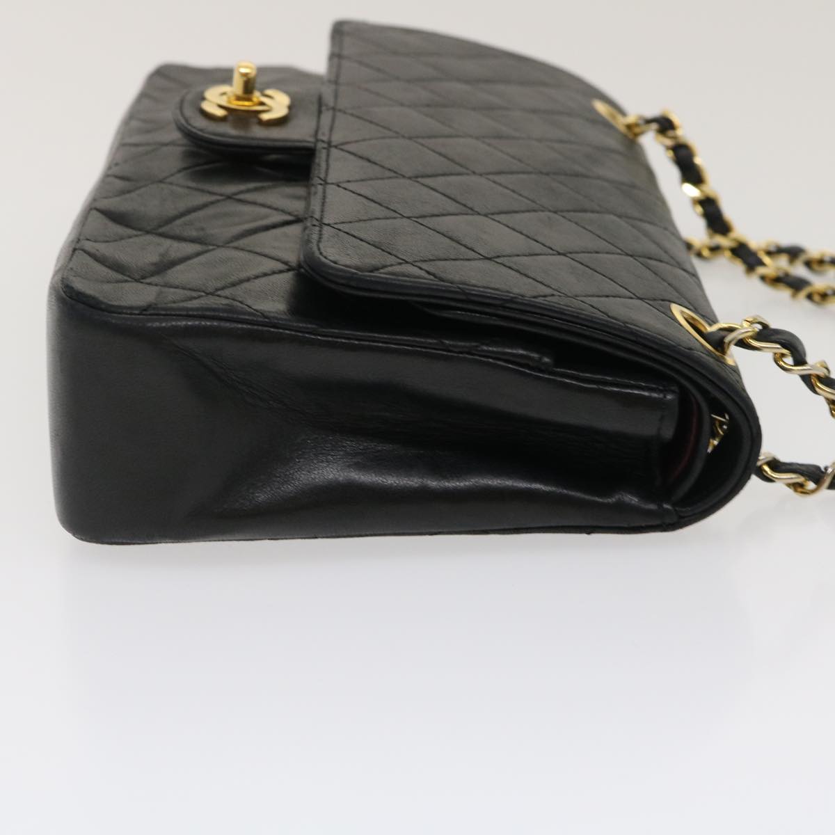 CHANEL Matelasse25 Chain Double Flap Shoulder Bag Lamb Skin Black CC Auth lt425A