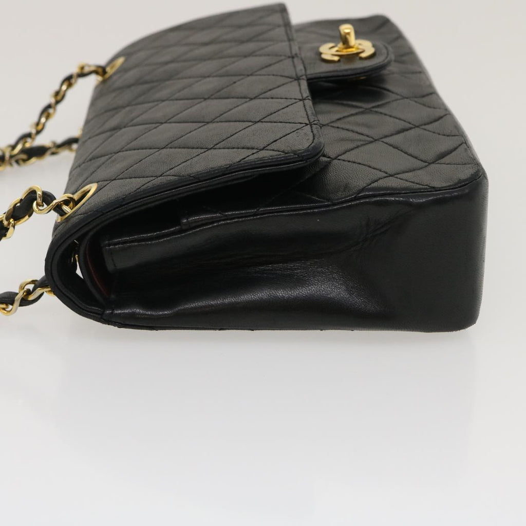 CHANEL Matelasse25 Chain Double Flap Shoulder Bag Lamb Skin Black CC Auth lt425A