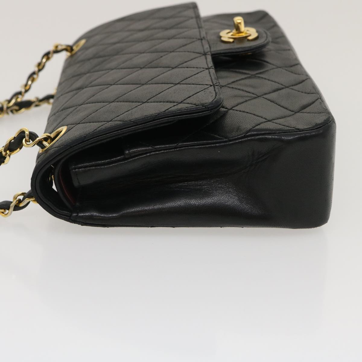 CHANEL Matelasse25 Chain Double Flap Shoulder Bag Lamb Skin Black CC Auth lt425A