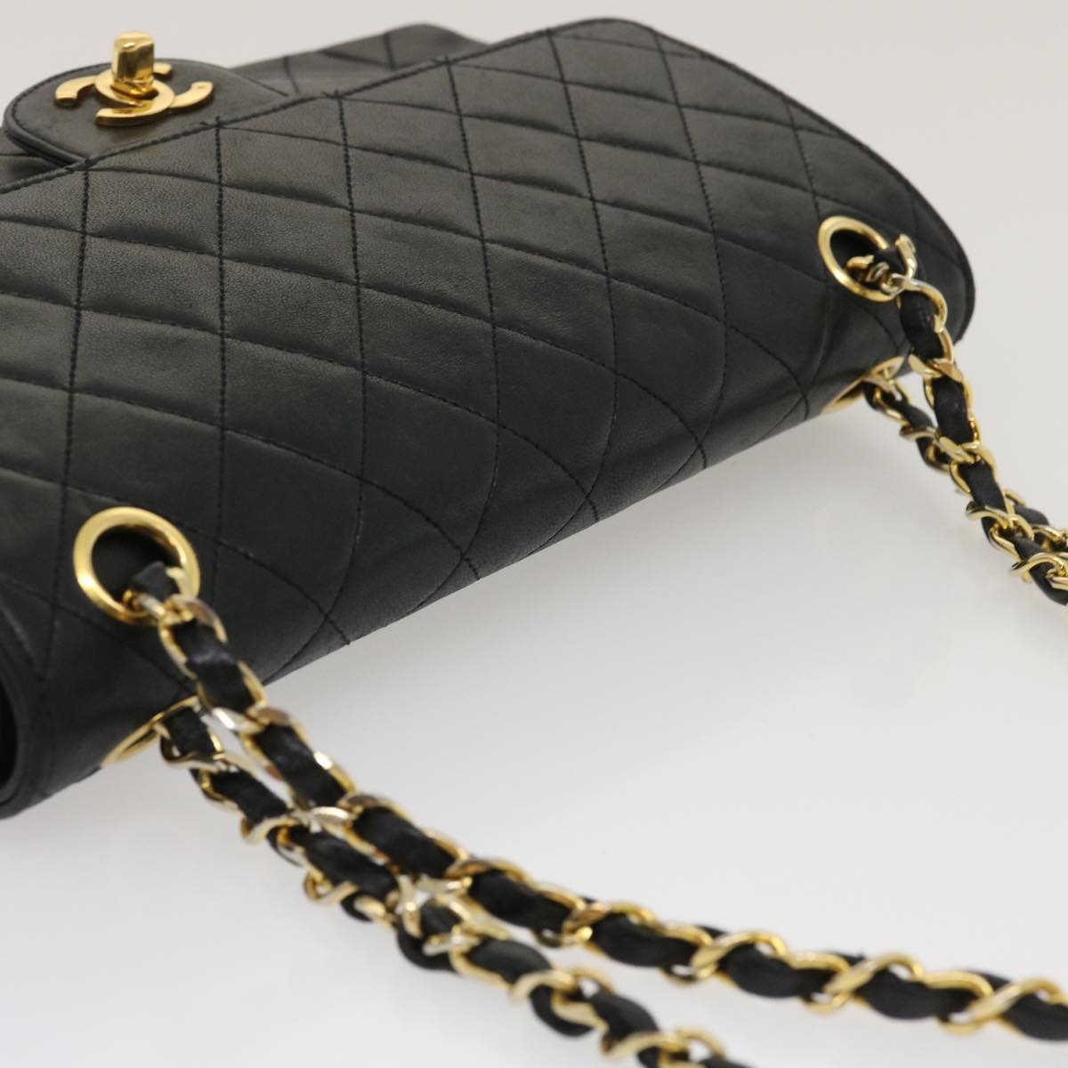 CHANEL Matelasse25 Chain Double Flap Shoulder Bag Lamb Skin Black CC Auth lt425A