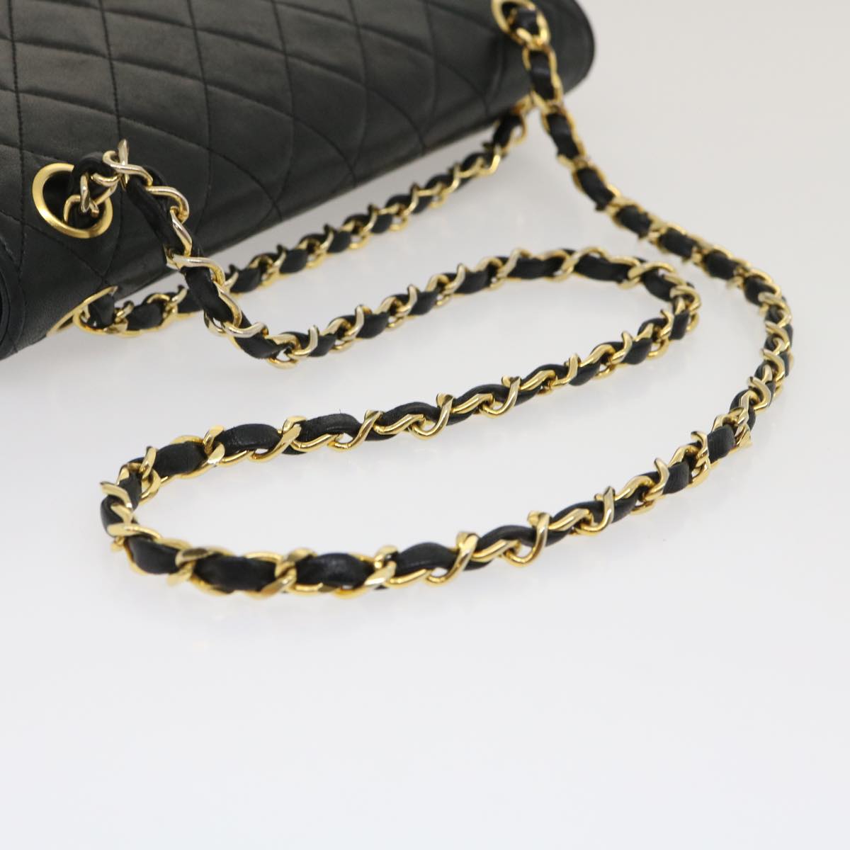 CHANEL Matelasse25 Chain Double Flap Shoulder Bag Lamb Skin Black CC Auth lt425A