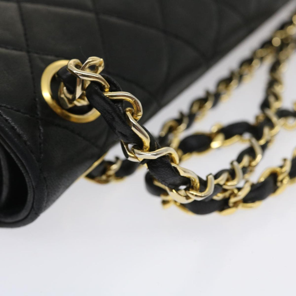CHANEL Matelasse25 Chain Double Flap Shoulder Bag Lamb Skin Black CC Auth lt425A