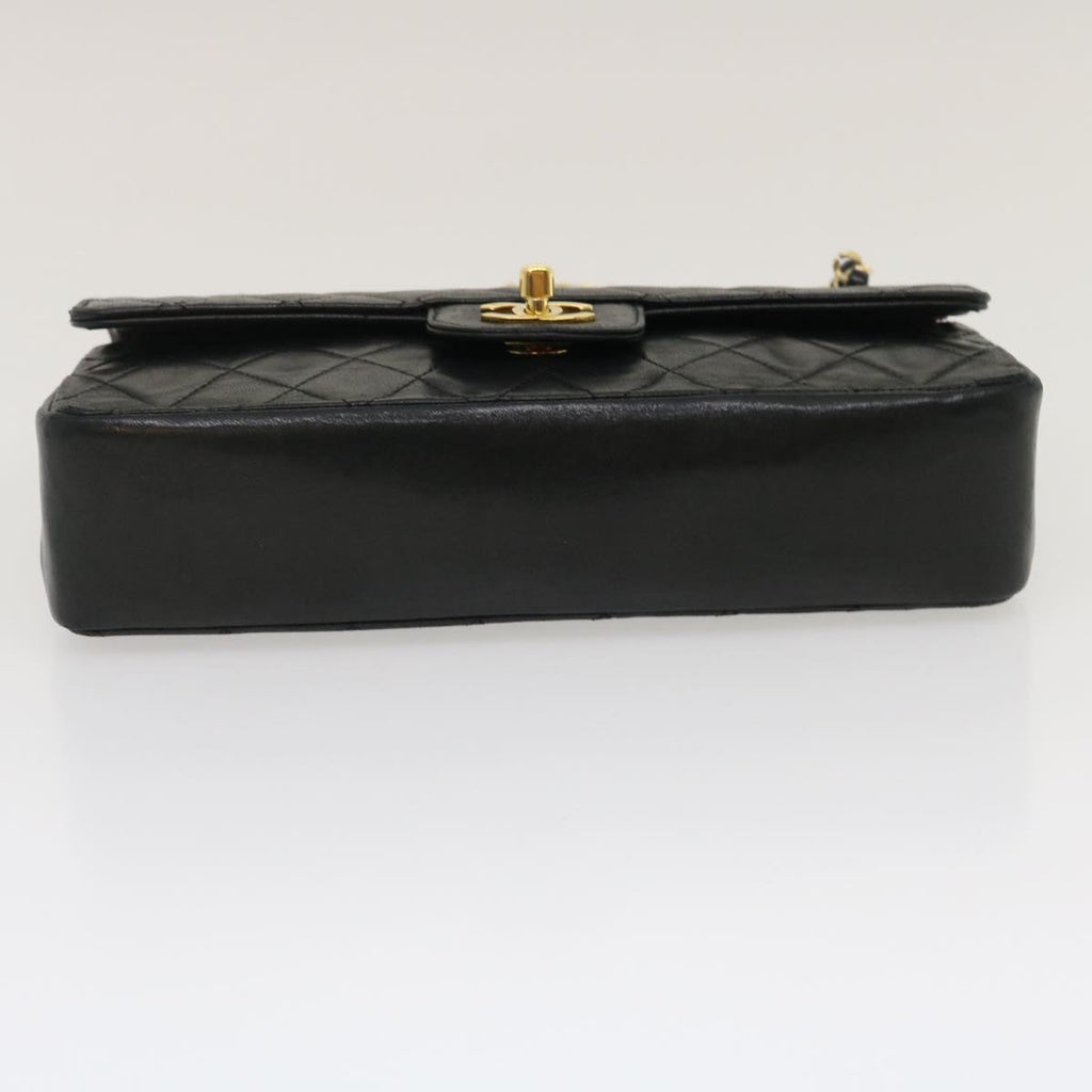 CHANEL Matelasse25 Chain Double Flap Shoulder Bag Lamb Skin Black CC Auth lt425A