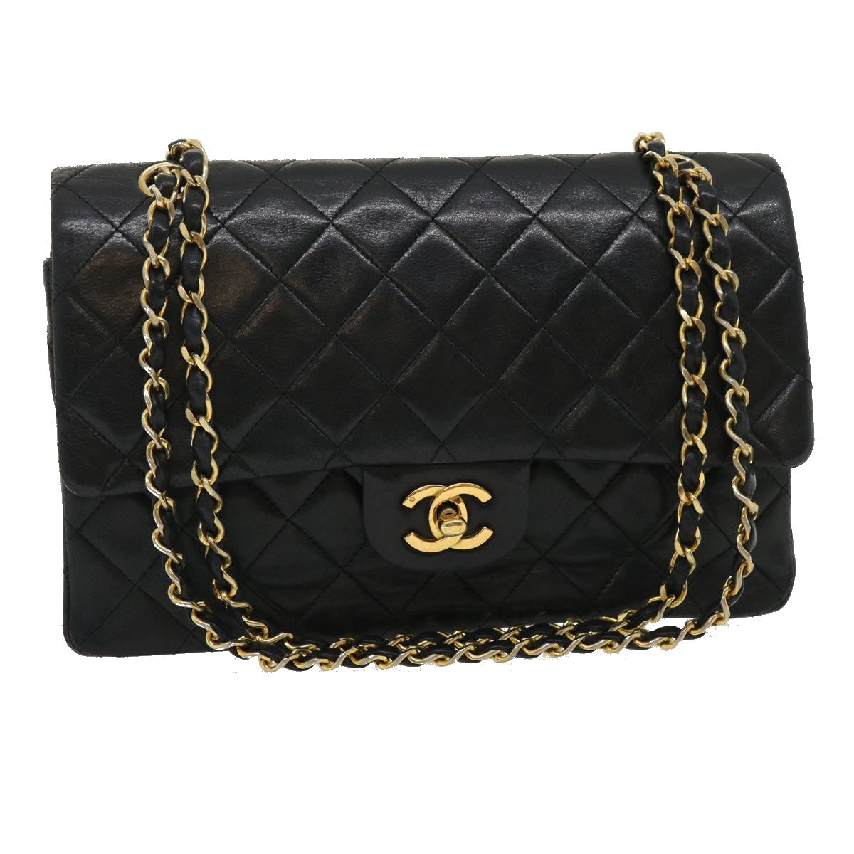 CHANEL Classic Matelasse 25 Chain Flap Shoulder Bag Lamb Skin Black Auth lt448A