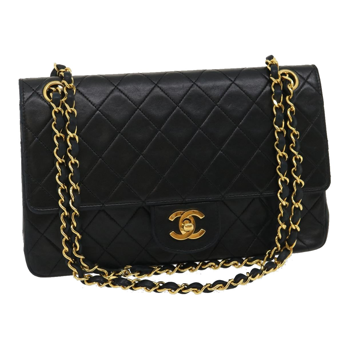 CHANEL Classic Matelasse 25 Chain Flap Shoulder Bag Lamb Skin Black Auth lt449A