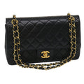 CHANEL Matelasse25 Double Chain Flap Shoulder Bag Lamb Skin Black CC  lt482A
