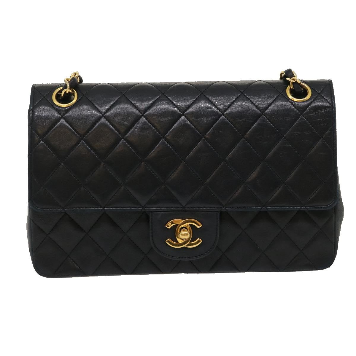 CHANEL Matelasse25 Double Chain Flap Shoulder Bag Lamb Skin Black CC Auth lt482A