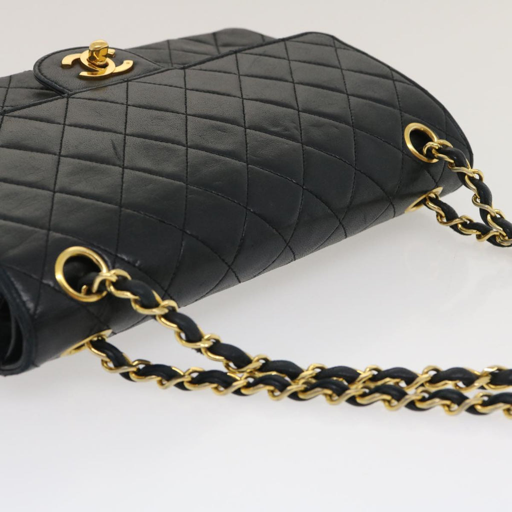 CHANEL Matelasse25 Double Chain Flap Shoulder Bag Lamb Skin Black CC Auth lt482A