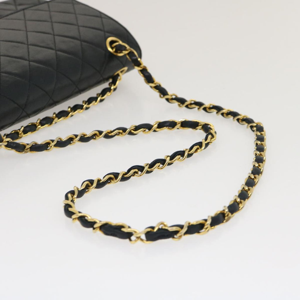 CHANEL Matelasse25 Double Chain Flap Shoulder Bag Lamb Skin Black CC Auth lt482A