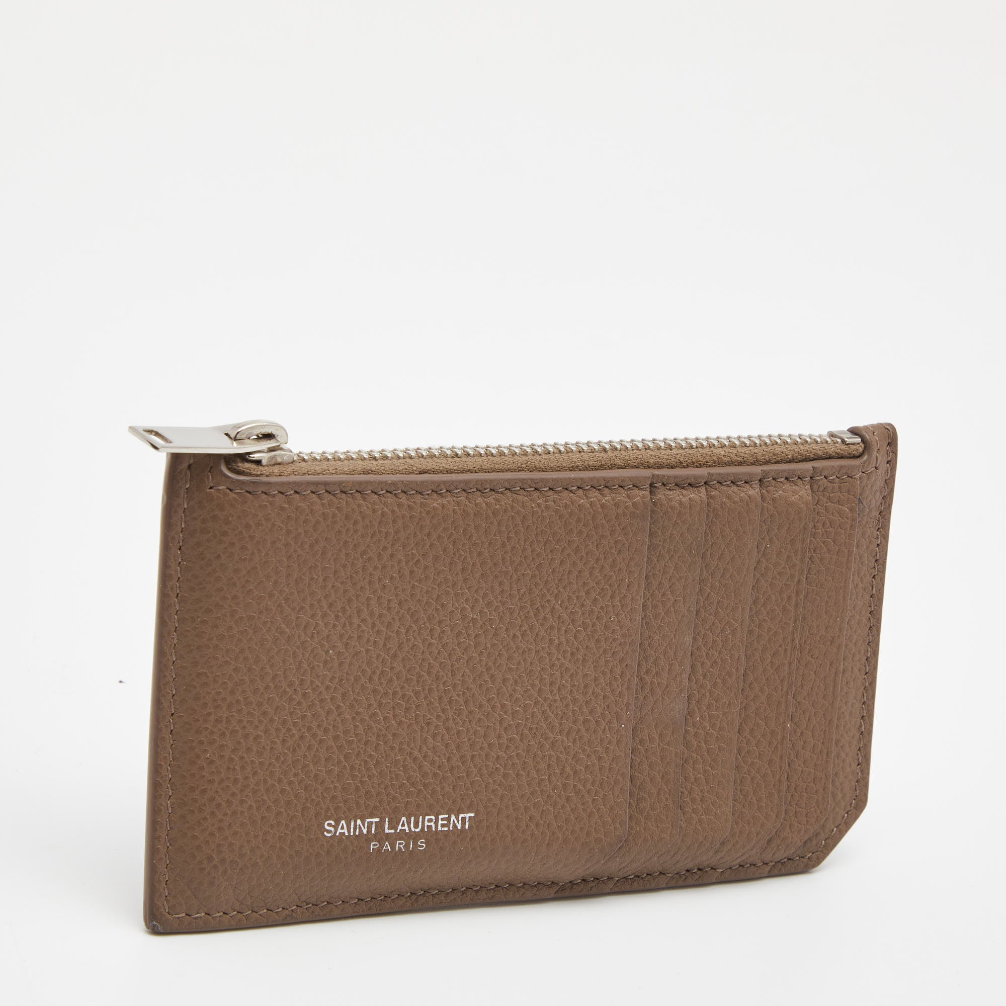 Saint Laurent Beige Leather Zip Card Case