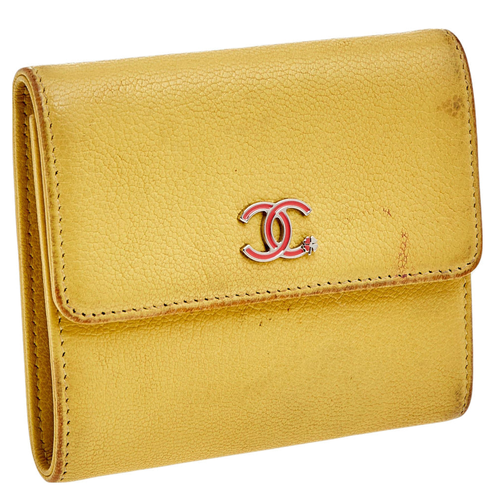 CHANEL Yellow Leather Trifold Wallet
