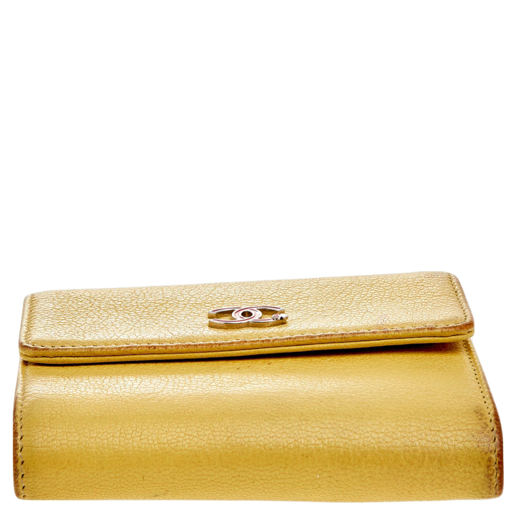CHANEL Yellow Leather Trifold Wallet