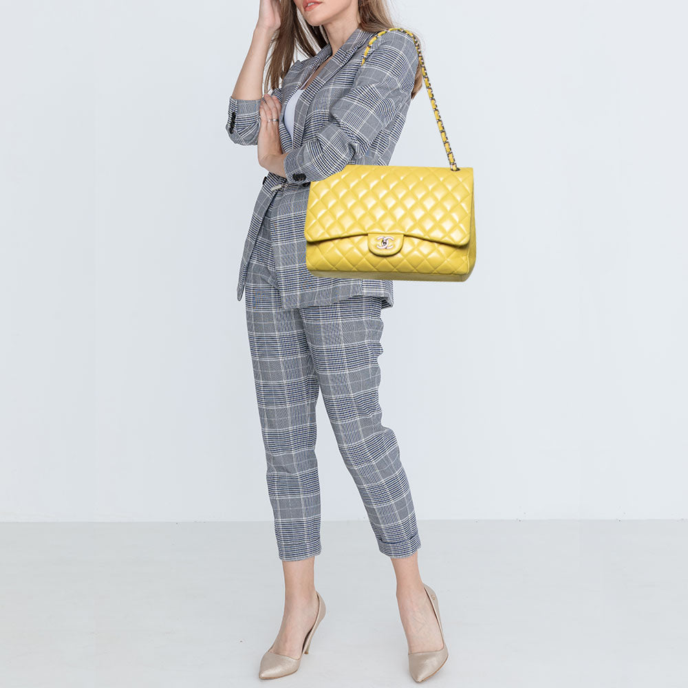 Chanel Yellow Quilted Leather Maxi Classic Single Flap Shoulder Bag