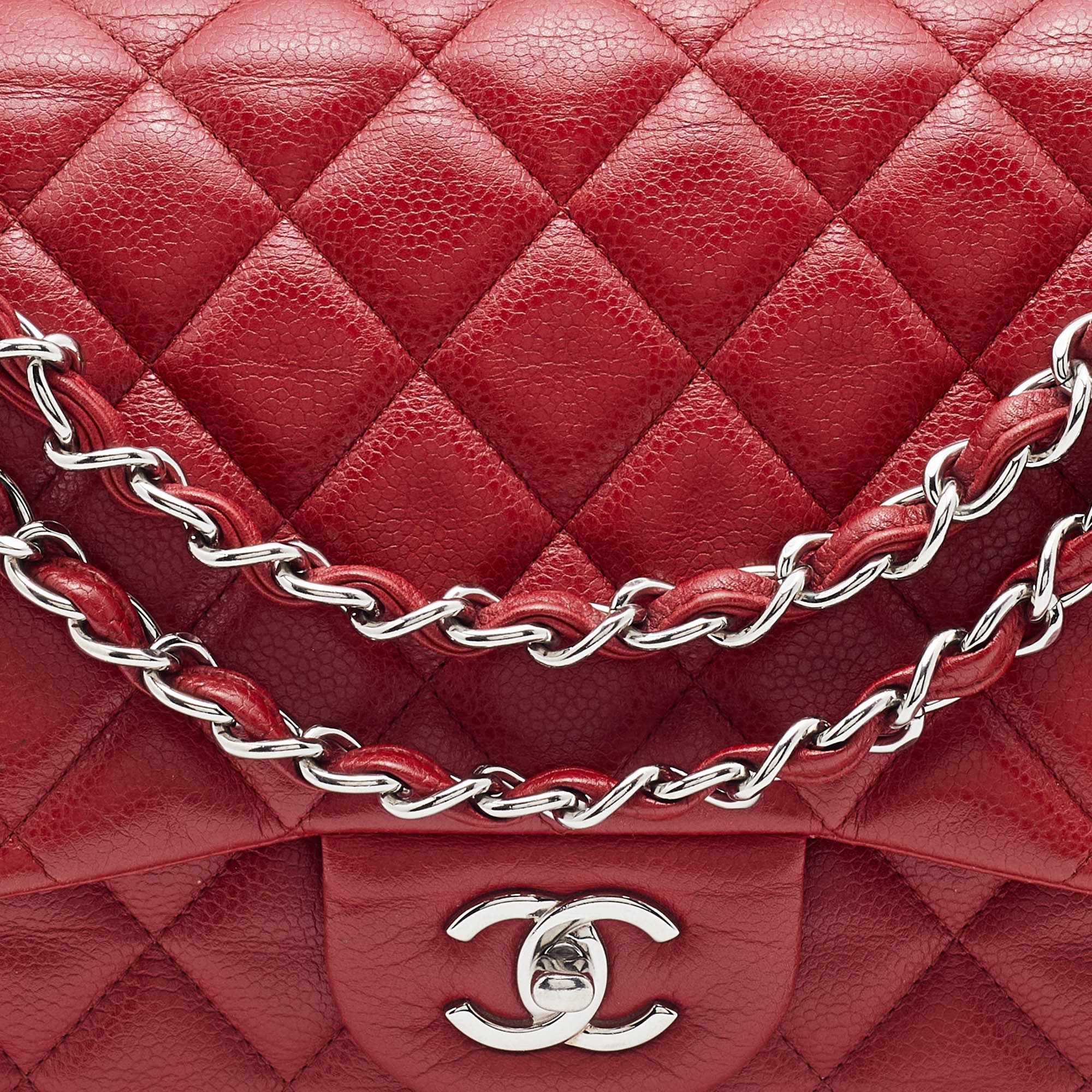 Chanel Red Quilted Caviar Leather Jumbo Classic Double Flap Bag