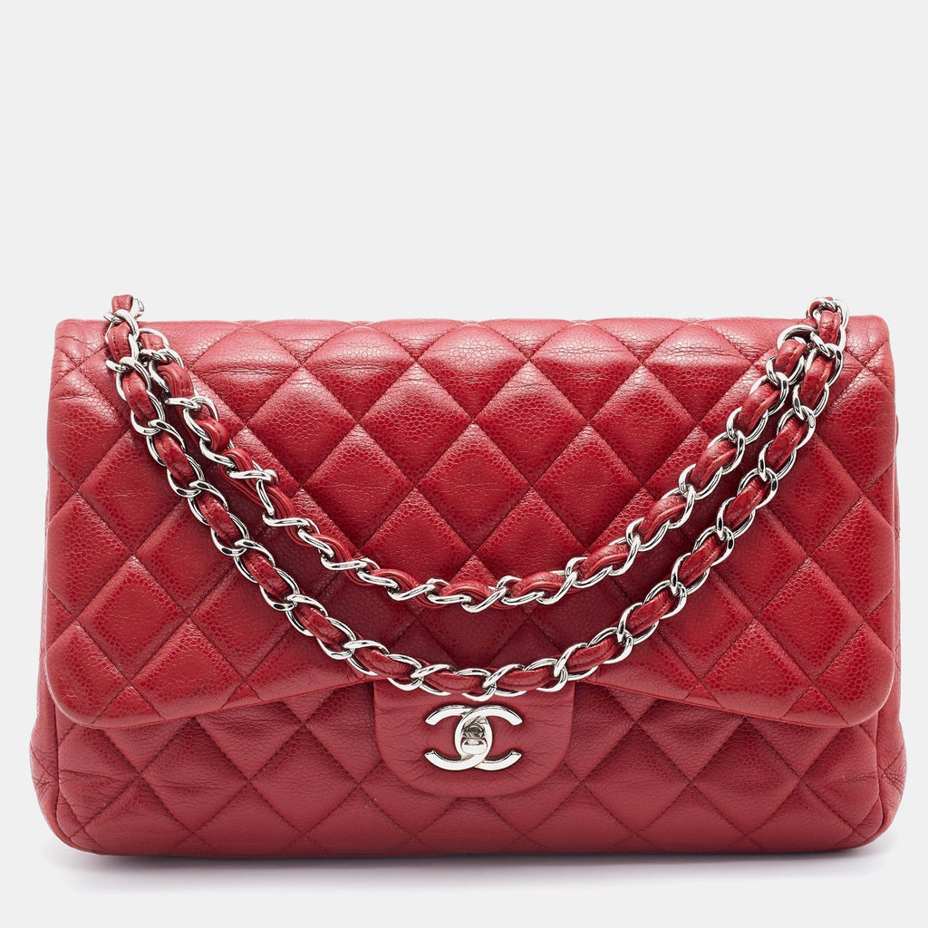 Chanel Red Quilted Caviar Leather Jumbo Classic Double Flap Bag