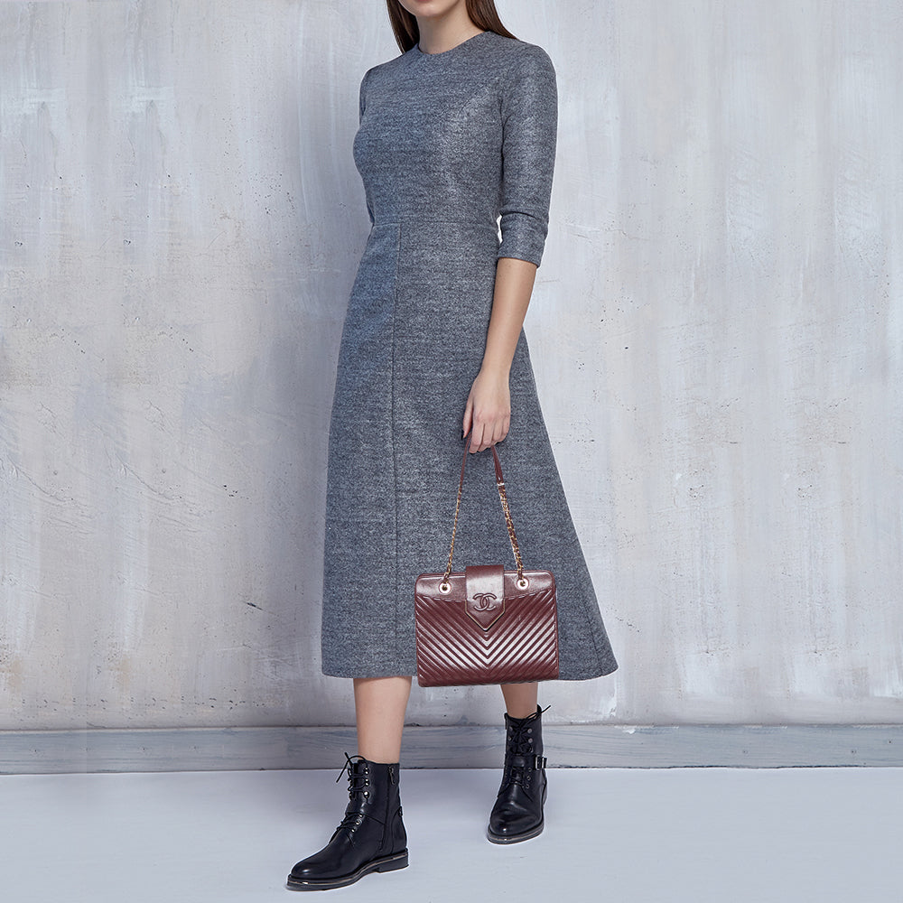 Chanel Burgundy Chevron Quilted Leather Collar and Tie Flap Bag