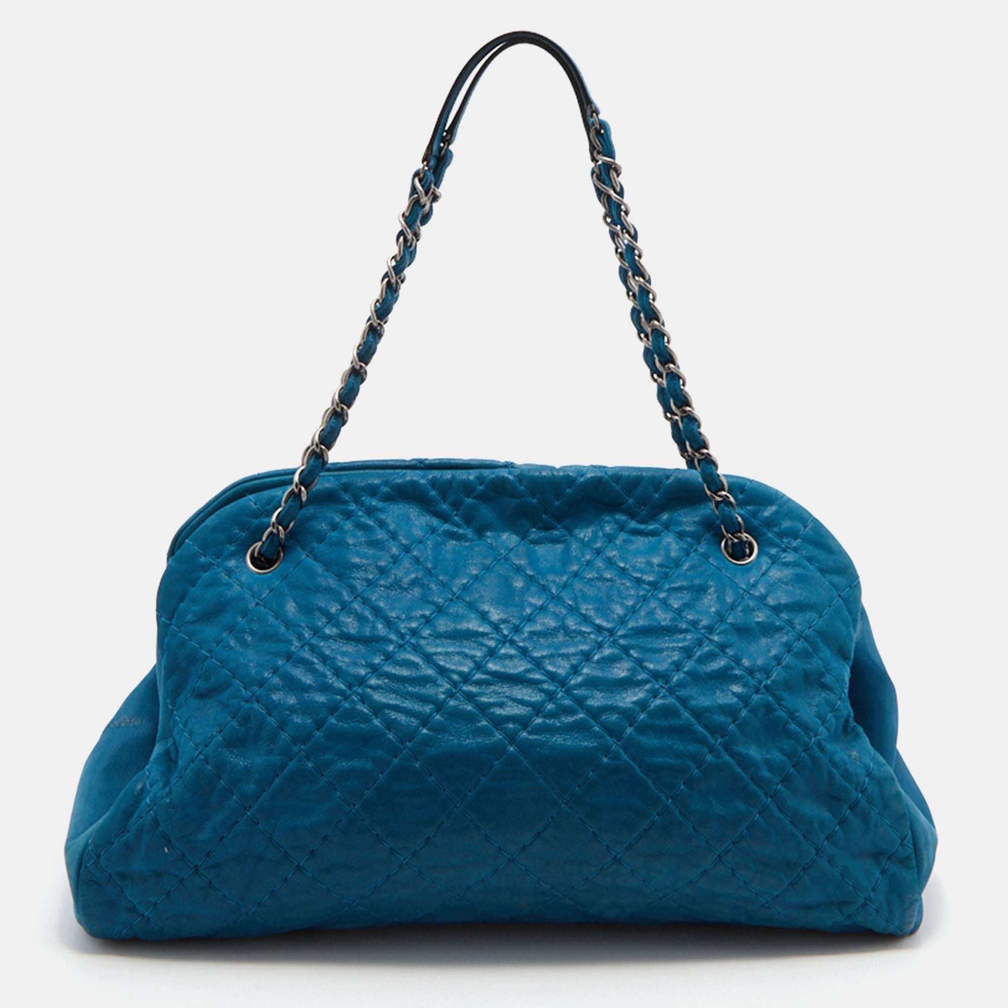 CHANEL Teal Blue Quilted Leather Just Mademoiselle Bowler Bag
