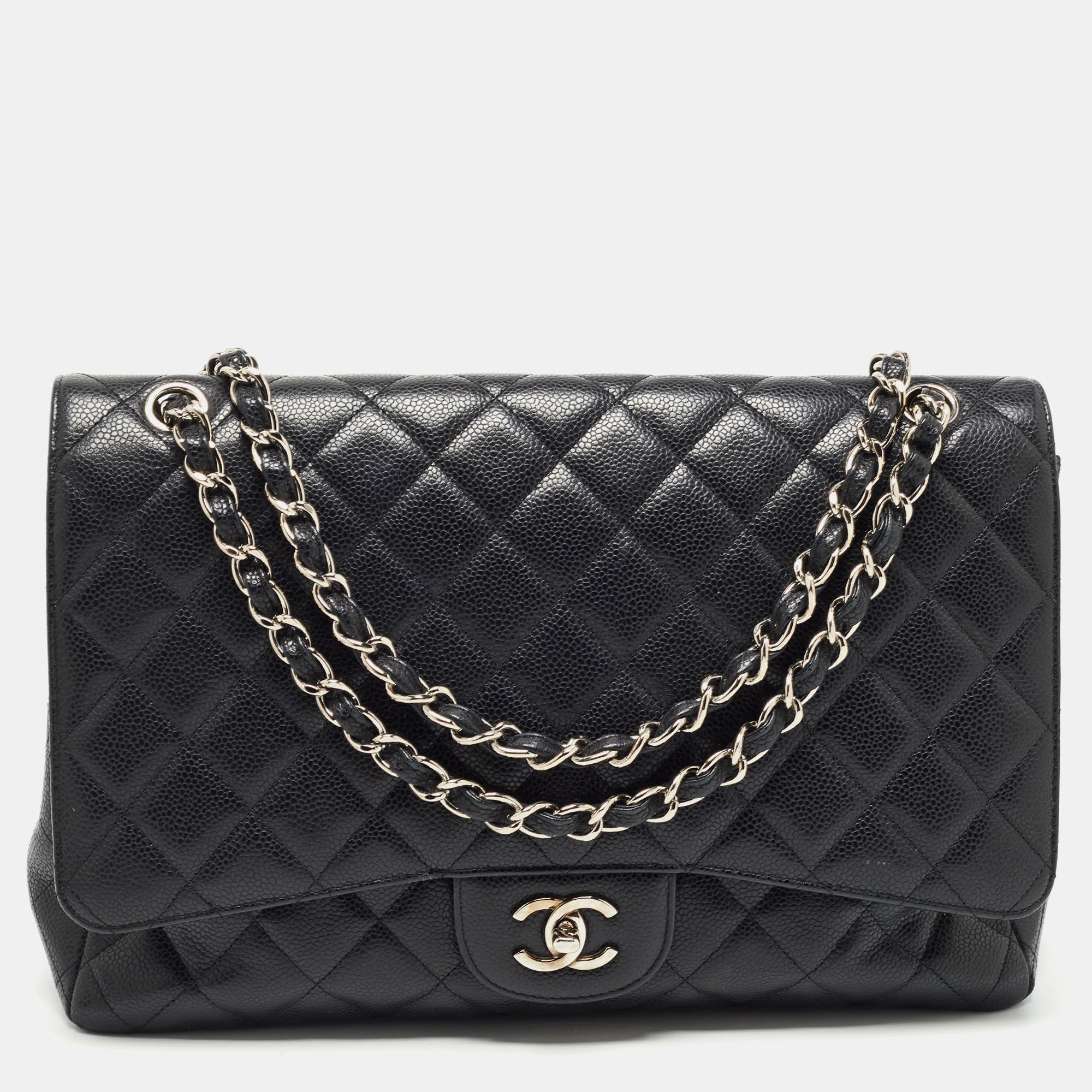 Chanel Black Quilted Caviar Leather Maxi Classic Single Flap Bag