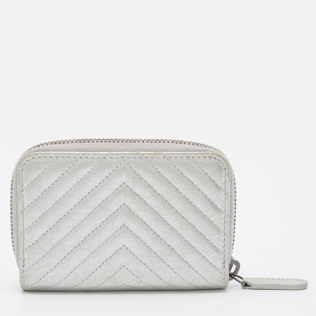 CHANEL Metallic Silver Chevron Leather CC Zip Coin Purse