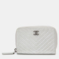 CHANEL Metallic Silver Chevron Leather CC Zip Coin Purse