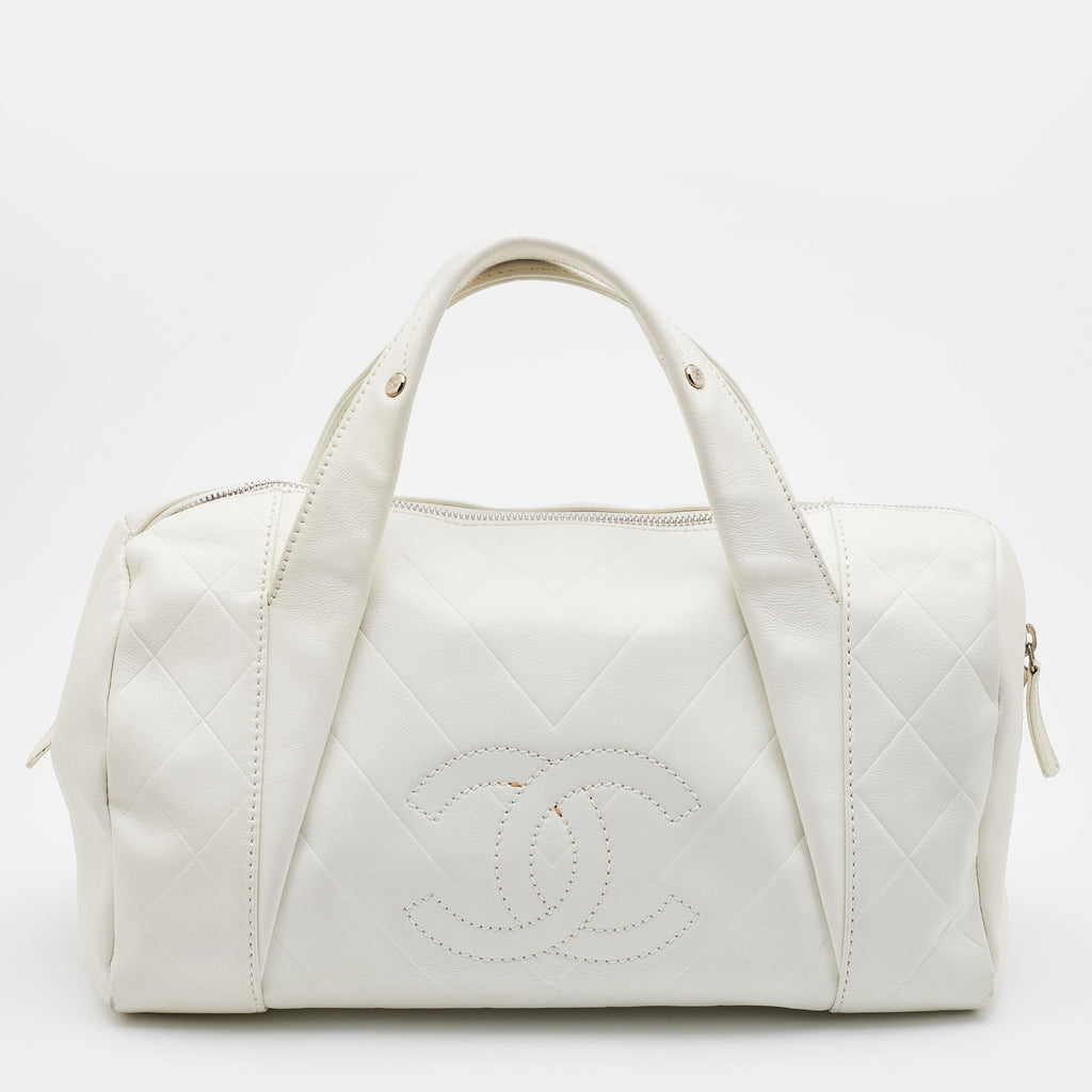 CHANEL Off White Double Quilt Leather Bowler Bag