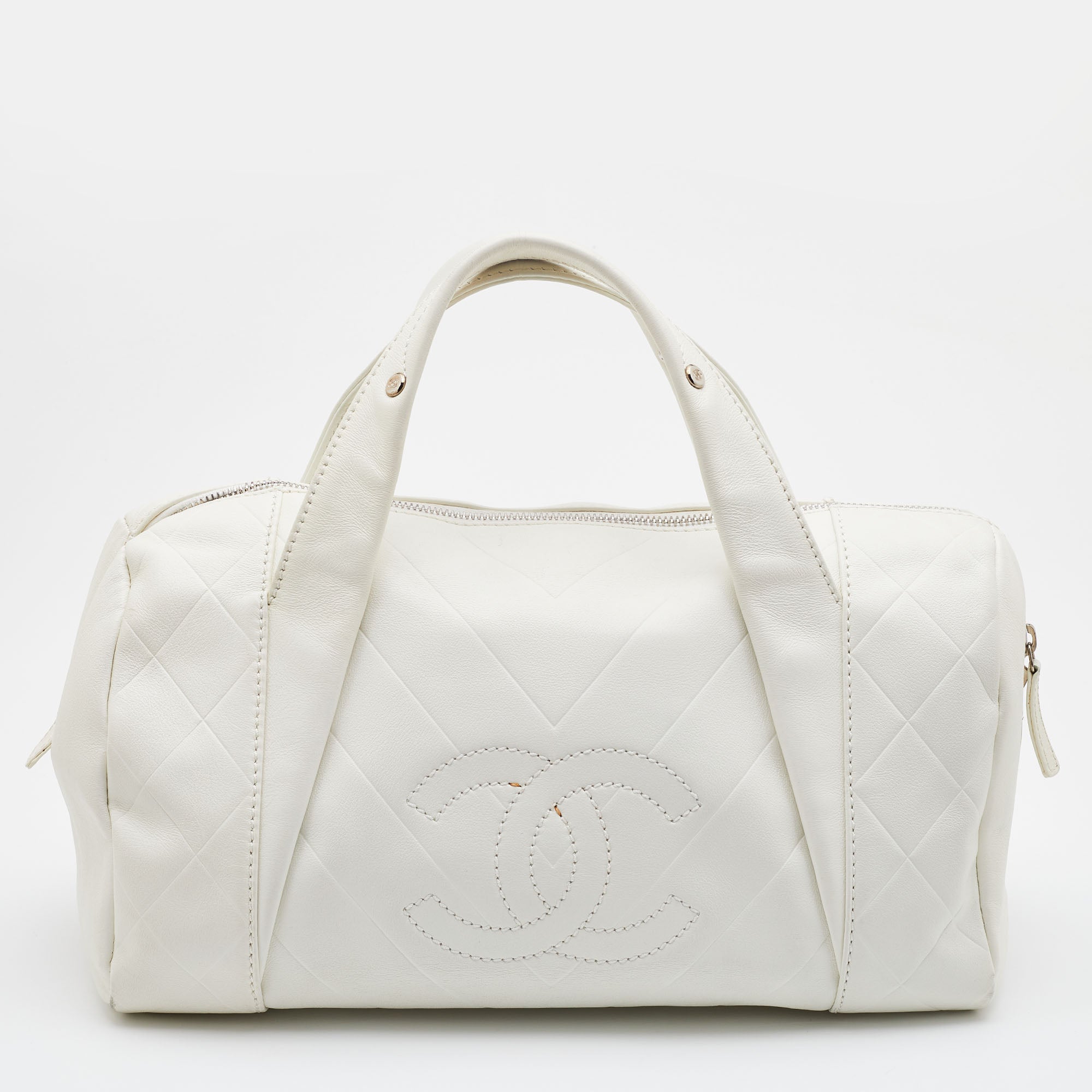 CHANEL Off White Double Quilt Leather Bowler Bag