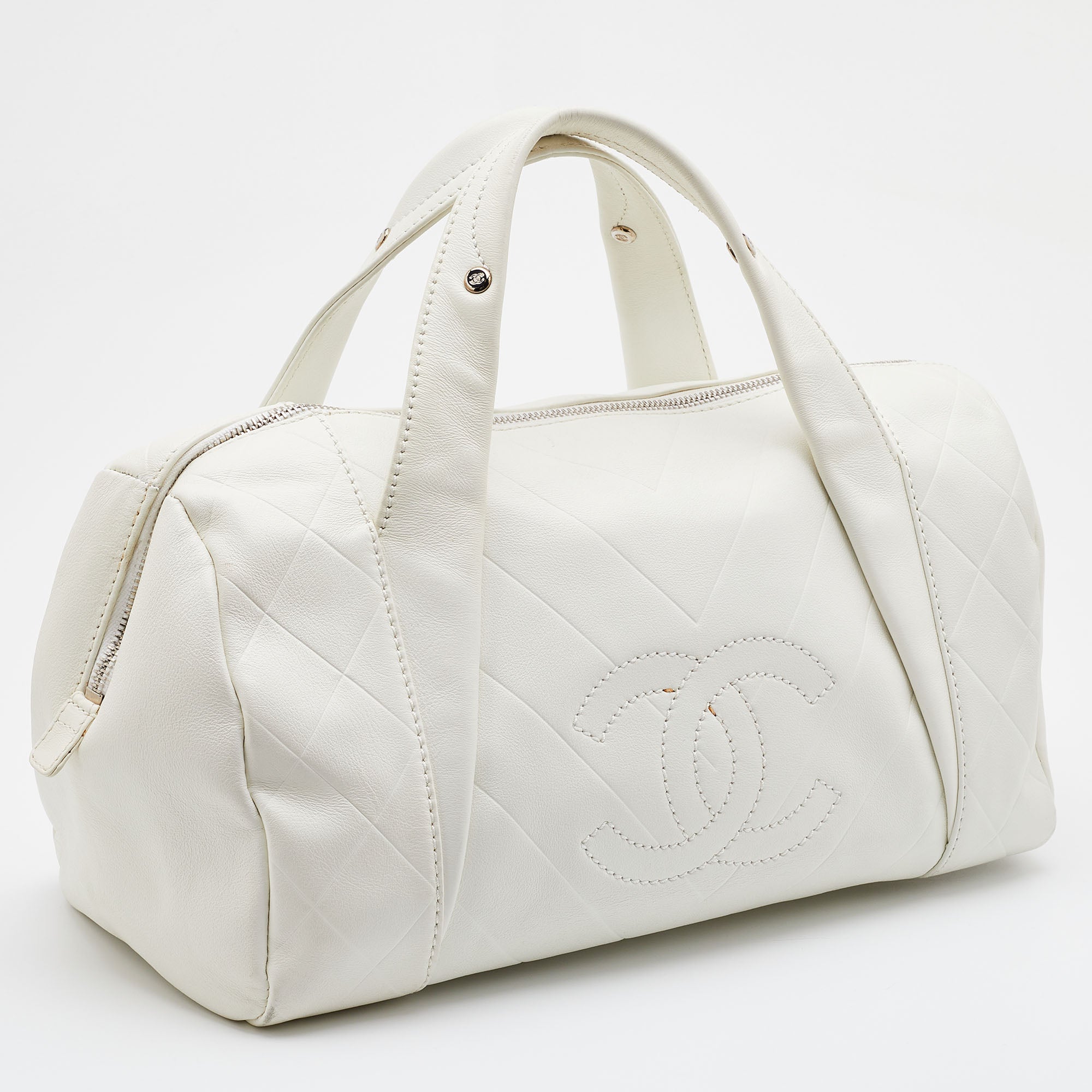 CHANEL Off White Double Quilt Leather Bowler Bag