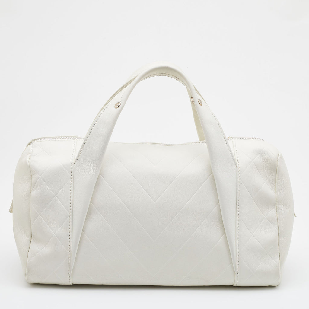 CHANEL Off White Double Quilt Leather Bowler Bag
