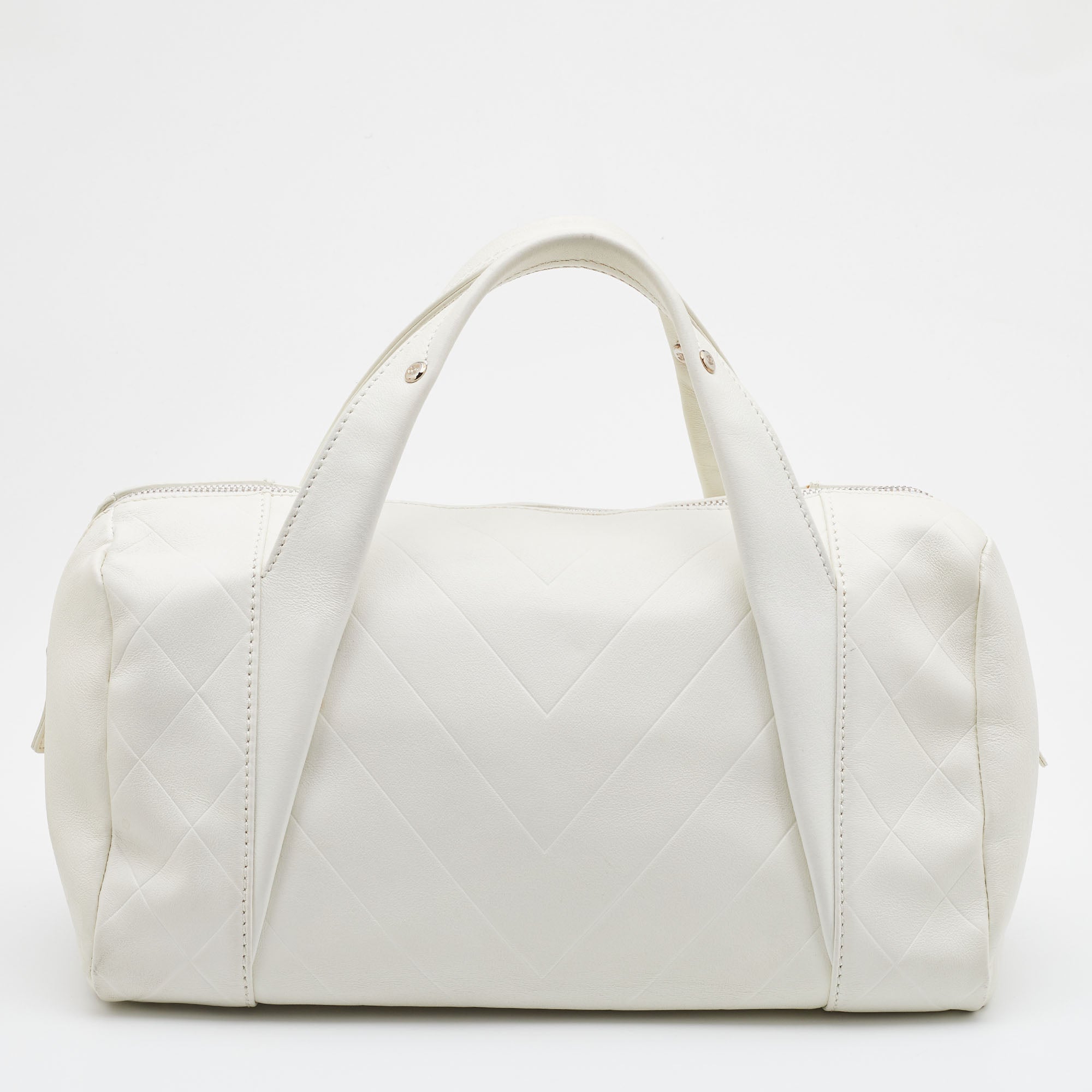 CHANEL Off White Double Quilt Leather Bowler Bag