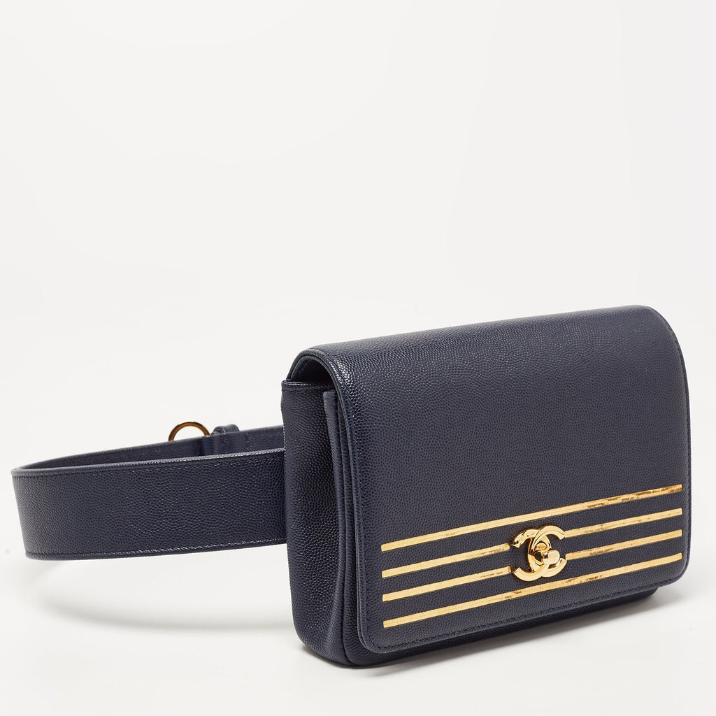 CHANEL Blue Caviar Leather Captain Gold Waist Bag