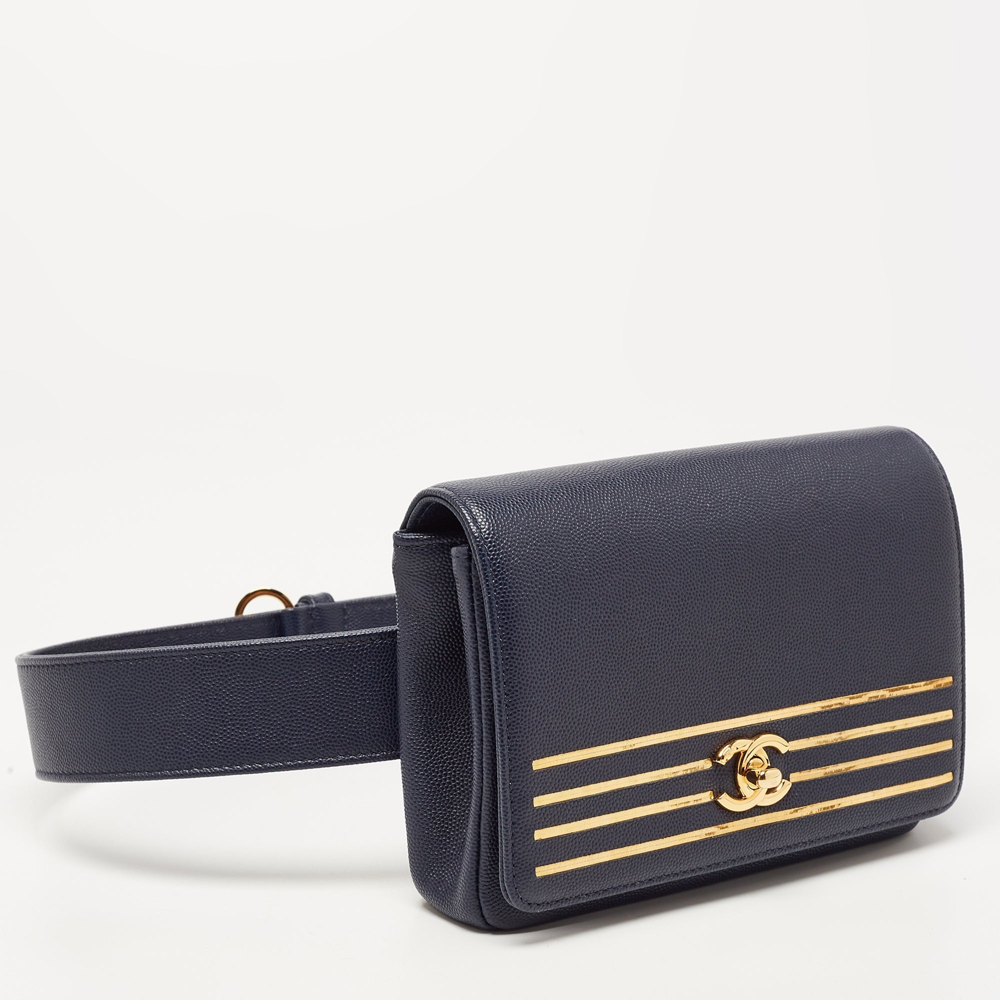 CHANEL Blue Caviar Leather Captain Gold Waist Bag