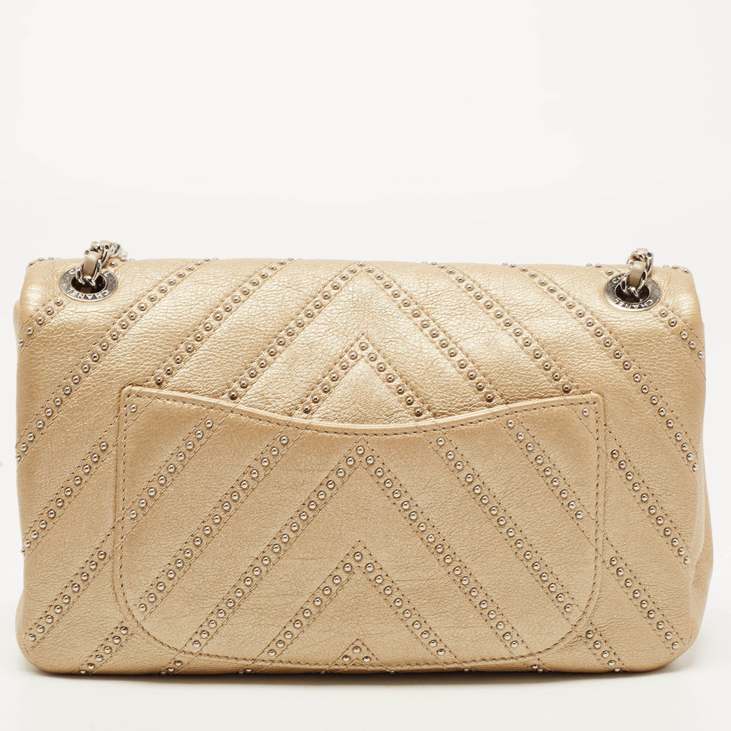 CHANEL Metallic Beige Studded Chevron Leather Stud Wars CC Flap Crossbody Bag
