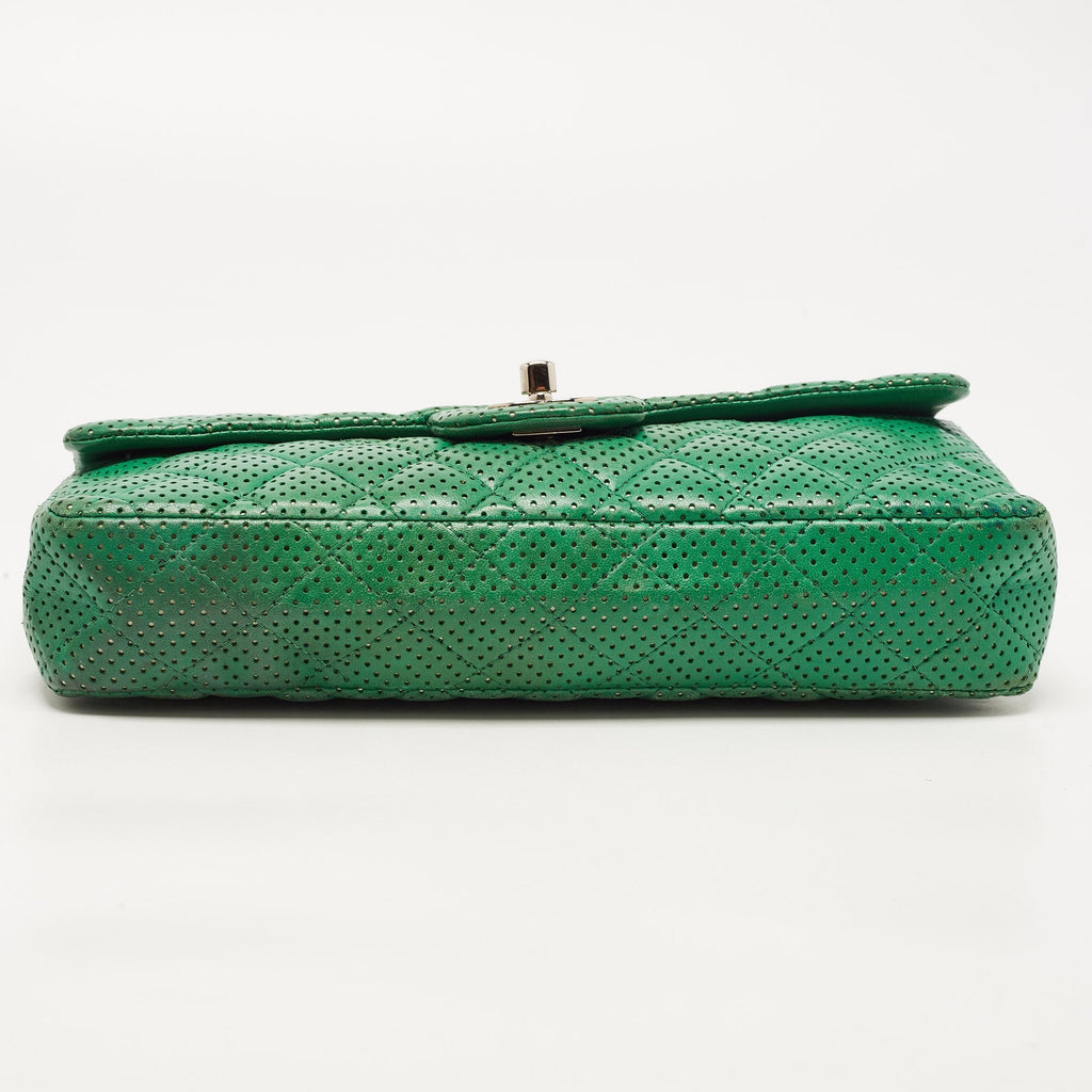 CHANEL Green Quilted Perforated Leather East/West Classic Flap Bag