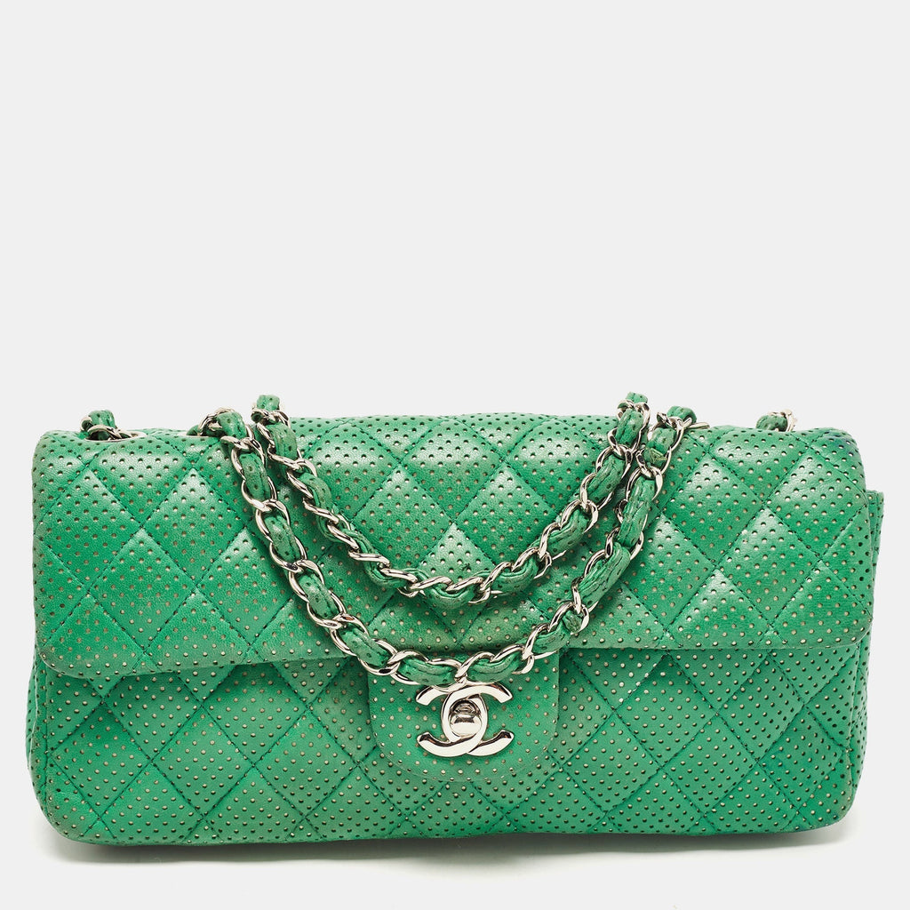 CHANEL Green Quilted Perforated Leather East/West Classic Flap Bag
