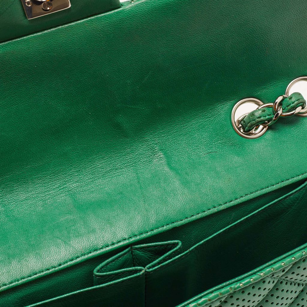 CHANEL Green Quilted Perforated Leather East/West Classic Flap Bag