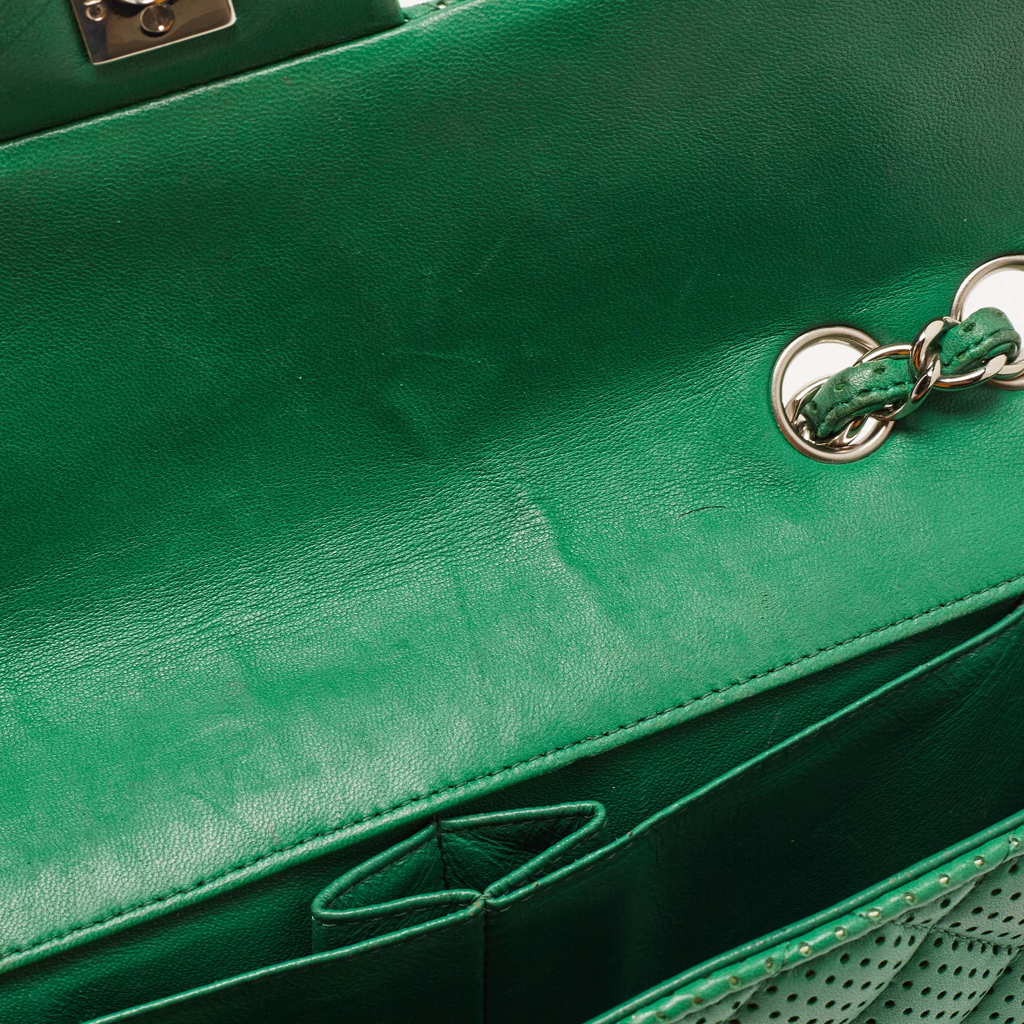 CHANEL Green Quilted Perforated Leather East/West Classic Flap Bag