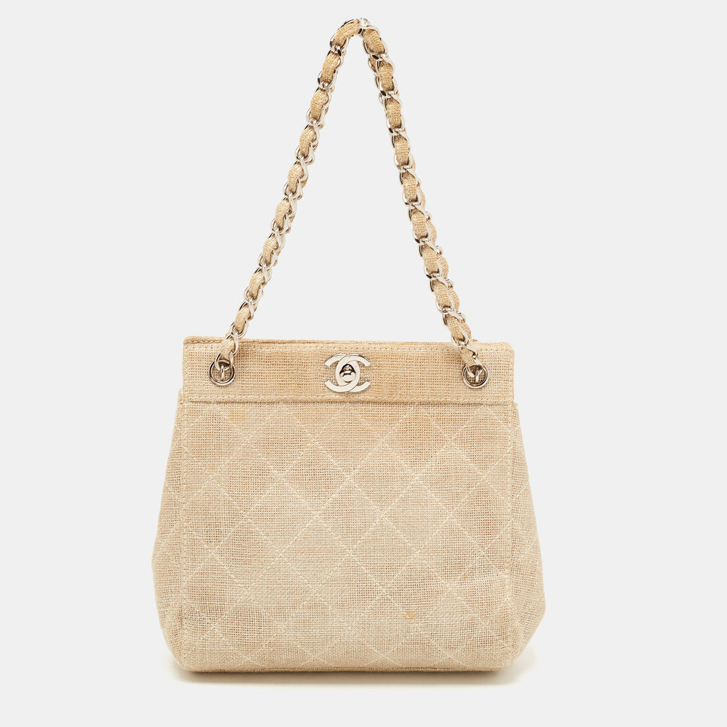 CHANEL Metallic Beige Quilted Canvas Mini Classic Chain Tote