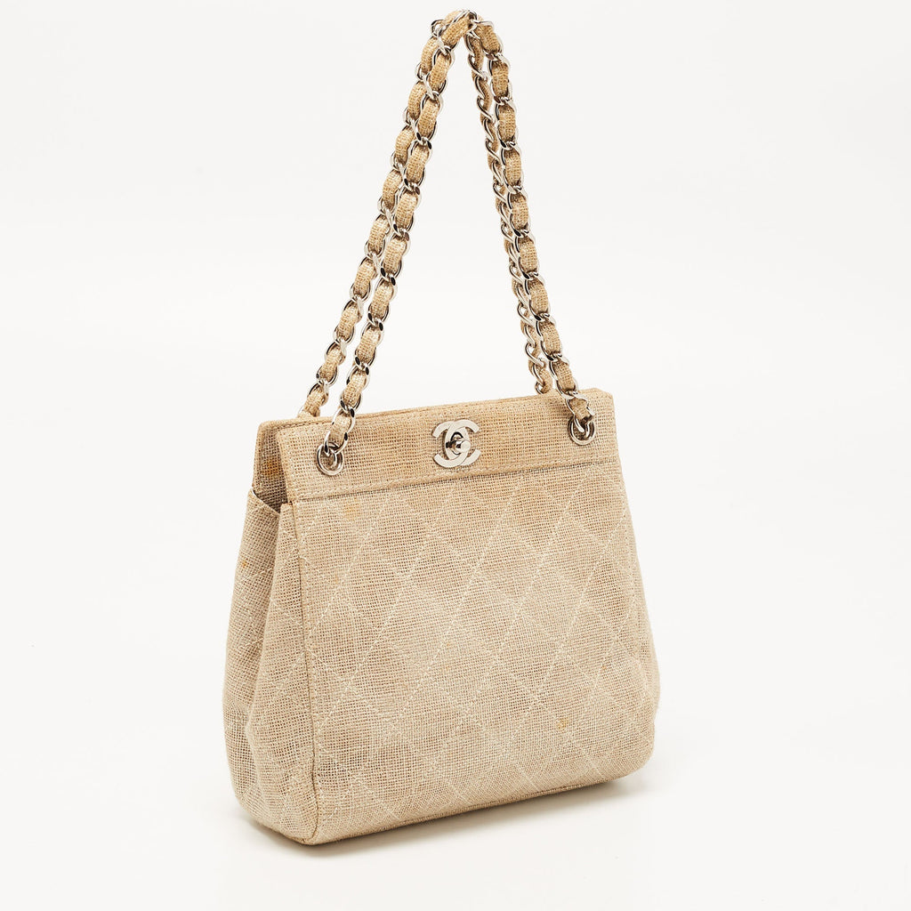 CHANEL Metallic Beige Quilted Canvas Mini Classic Chain Tote