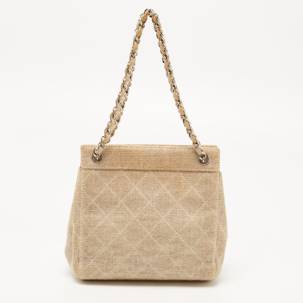 CHANEL Metallic Beige Quilted Canvas Mini Classic Chain Tote
