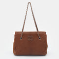CHANEL Brown Quilted Nubuck Leather Large Hampton Enamel CC Flap Shoulder Bag