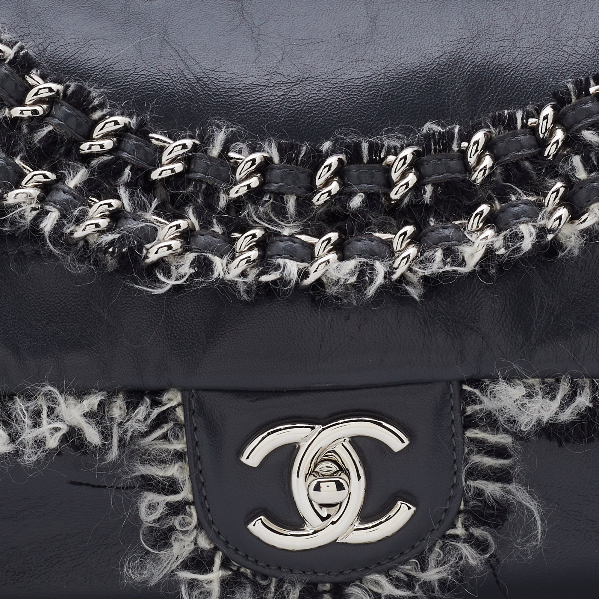 CHANEL Grey Leather Funny Tweed Flap Shoulder Bag