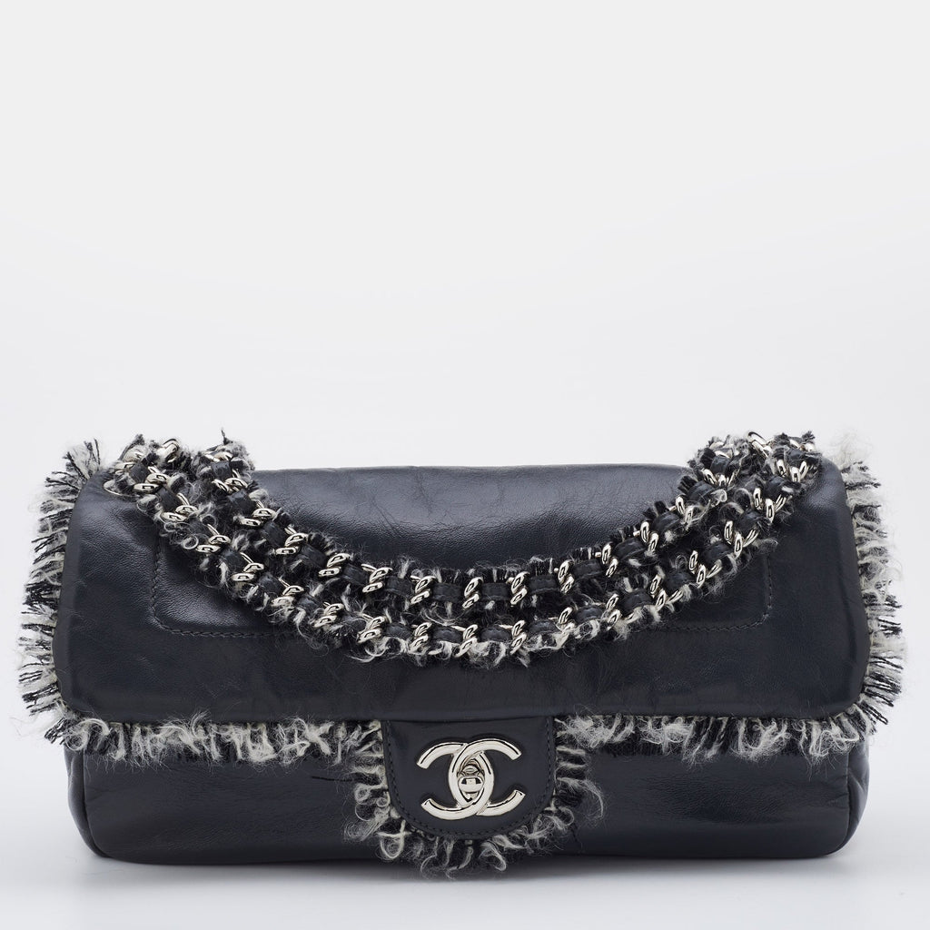CHANEL Grey Leather Funny Tweed Flap Shoulder Bag
