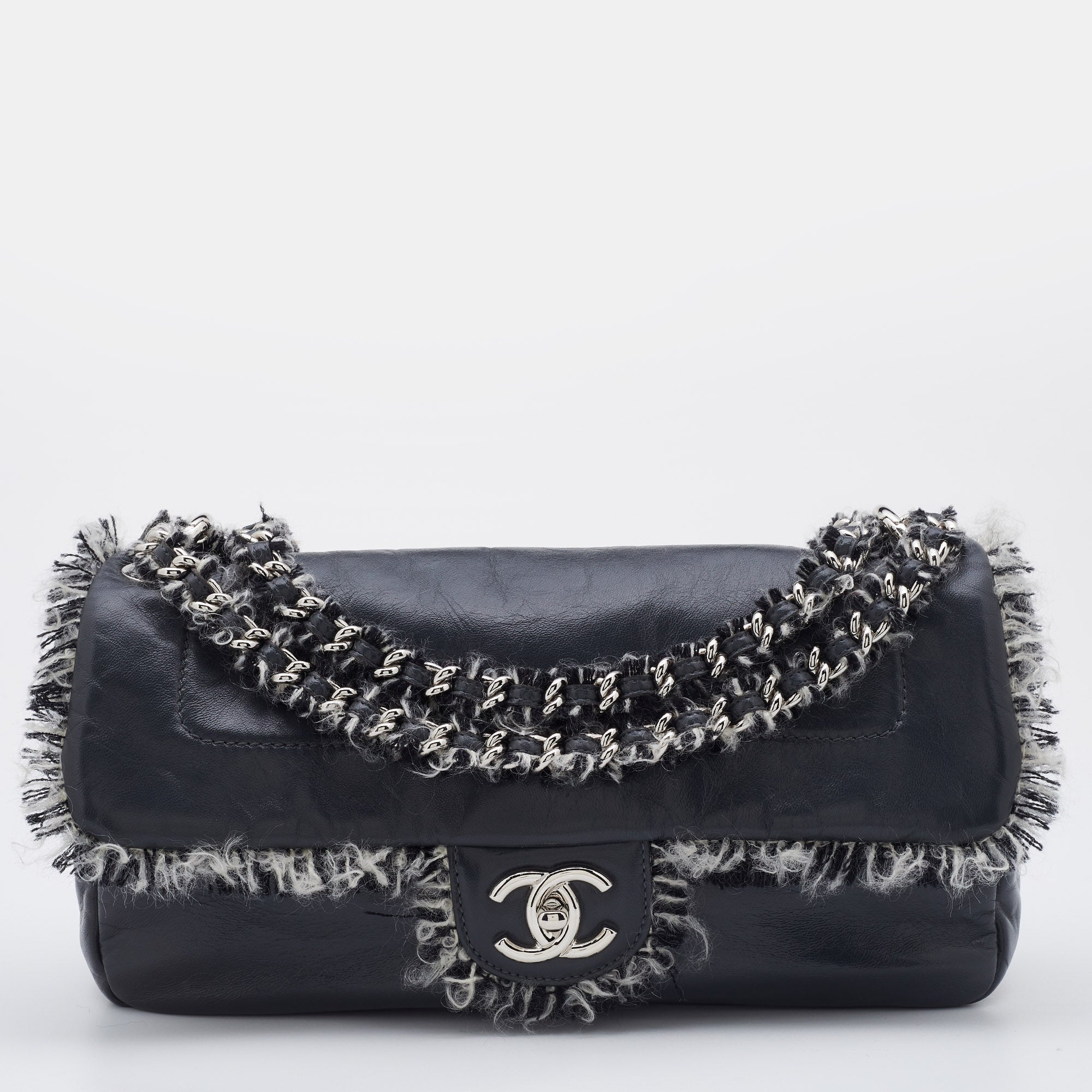 CHANEL Grey Leather Funny Tweed Flap Shoulder Bag