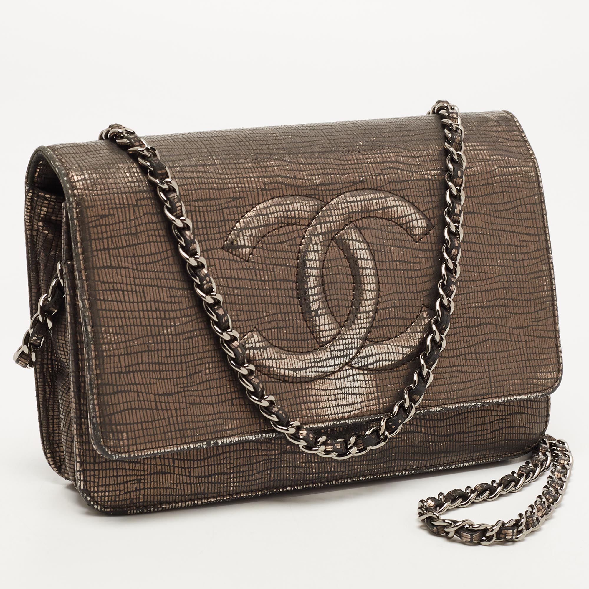 CHANEL Silver Shimmer Suede CC Timeless Wallet on Chain
