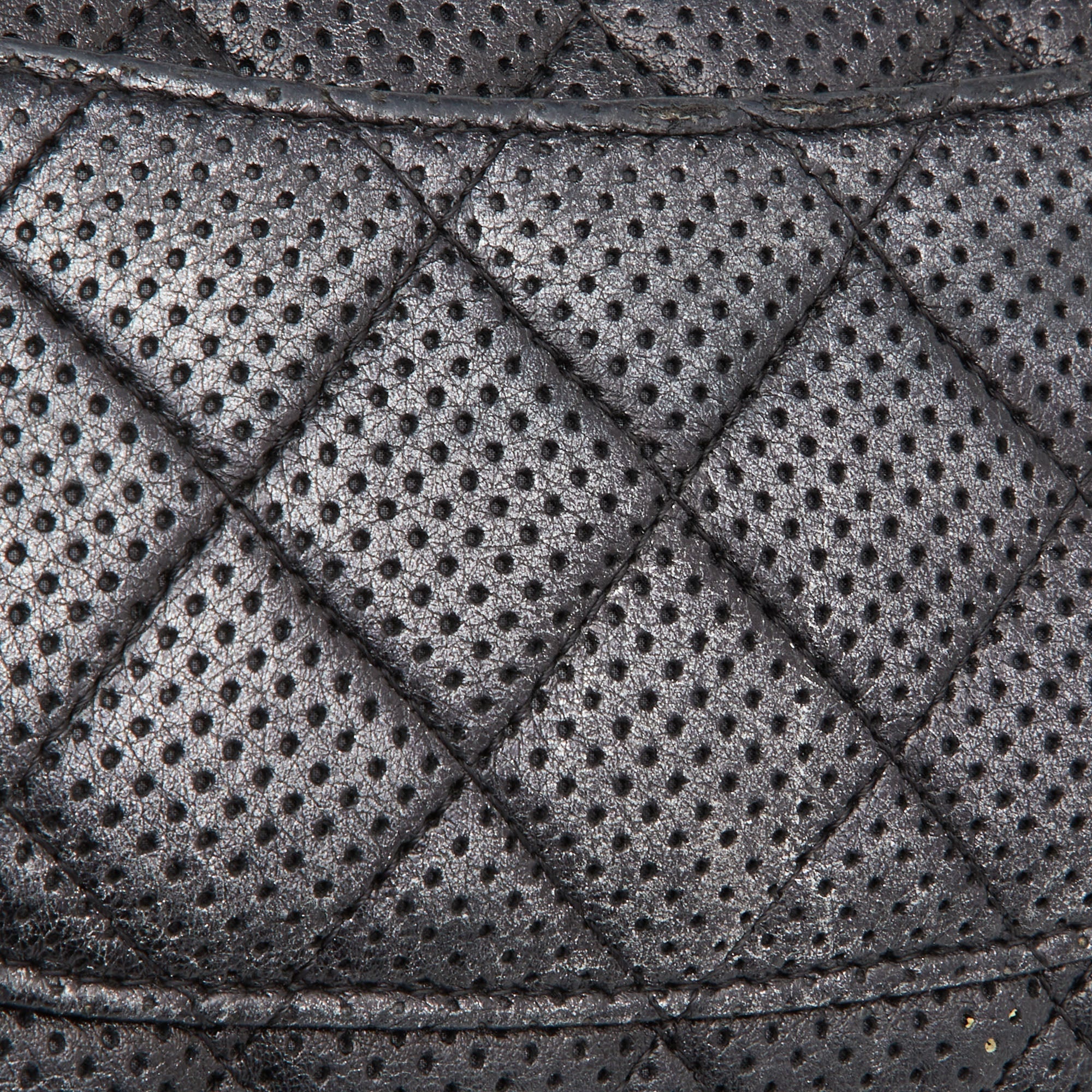 CHANEL Black/Silver Quilted Perforated Leather Classic Wallet on Chain