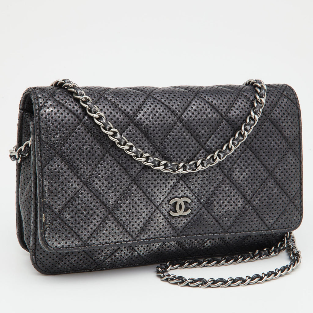 CHANEL Black/Silver Quilted Perforated Leather Classic Wallet on Chain