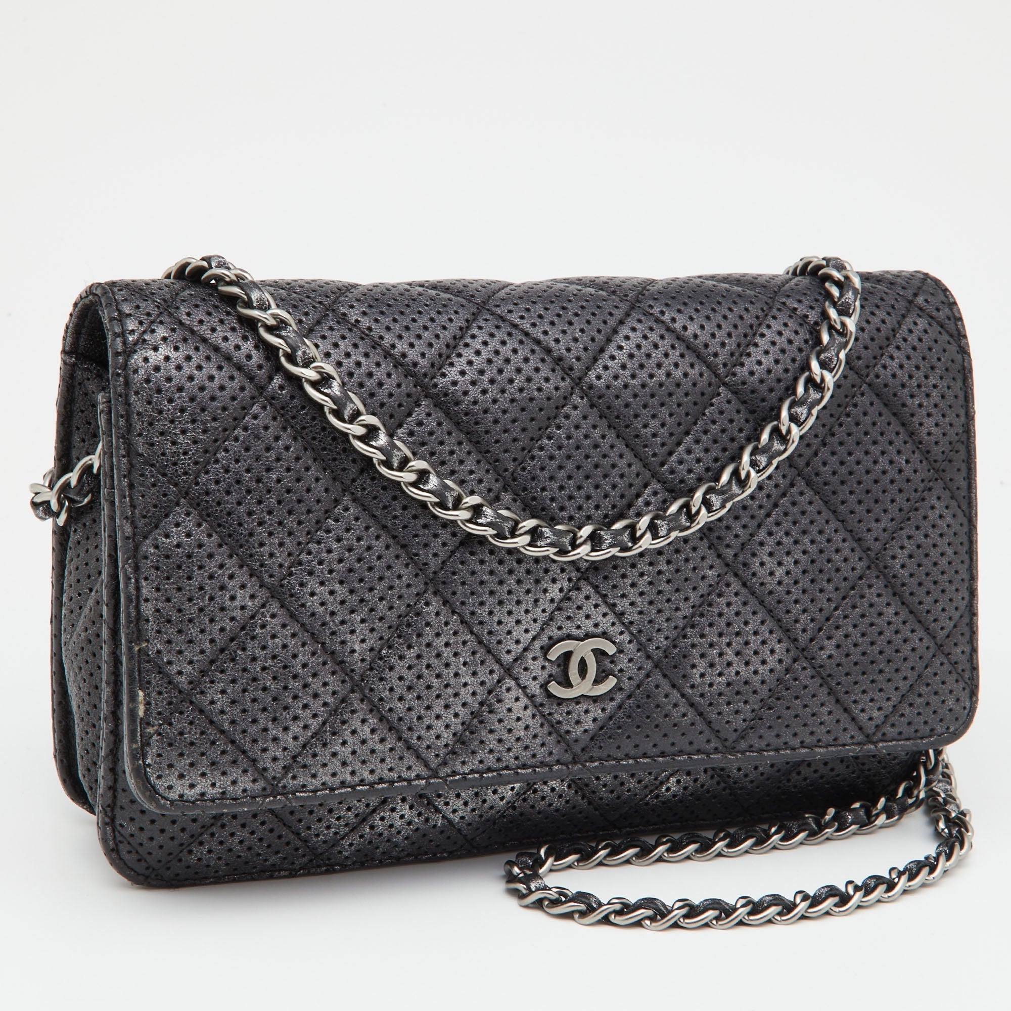 CHANEL Black/Silver Quilted Perforated Leather Classic Wallet on Chain
